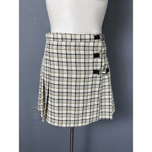 Vintage 90s Juniors 7/8 Tan Plaid Pleated Mini Skirt Buckle Clueless Schoolgirl
